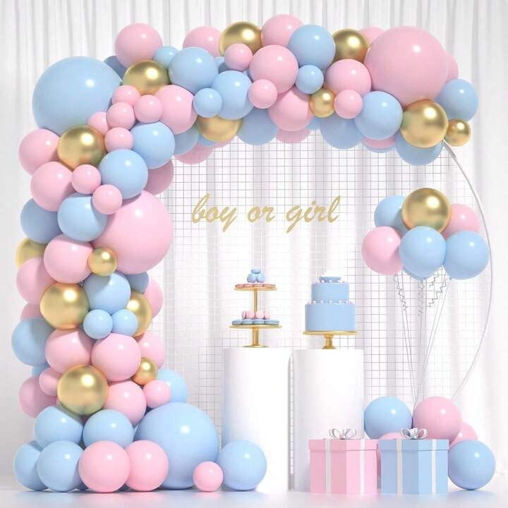 Baloane decorative pentru BABY SHOWER, ANGELBEAR, Arcada Set 106 baloane din latex, Model Petrecere, Baloane Party, 12 cm, 30 cm, 45 cm, Roz, Albastru, Gold